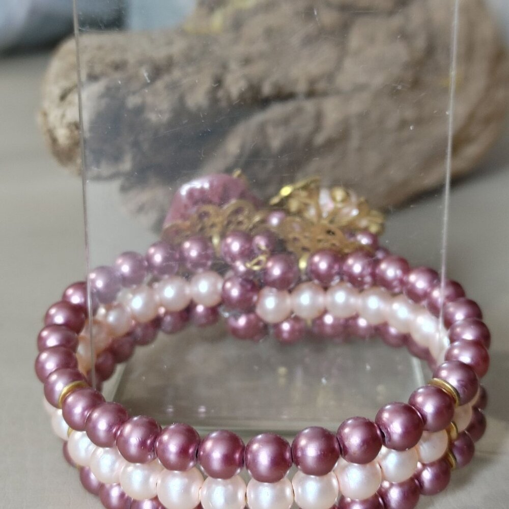 Cuff Beaded Bracelet Vintage Pink Gold Floral Beaded Rhinestones Faux Pearl - Picture 14 of 16